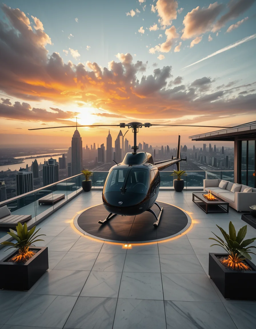 A high-resolution photo of a luxurious rooftop of a five-star hotel at sunset, featuring a sleek helipad with a high-end, matte-black private helicopter elegantly parked. The rooftop is designed with ultra-modern architecture, featuring a spacious terrace with infinity-edge glass railings, ambient lighting, and a panoramic city skyline in the background. The surface of the helipad is clean, polished concrete with clear illuminated markings. Surrounding the helipad, there are lounge areas with modern outdoor furniture, minimalist fire pits, and decorative planters with tropical greenery. The lighting is warm and golden, casting soft shadows and highlighting the contours of the helicopter and the textures of the rooftop. The sky is dramatic, painted with hues of orange, pink, and violet, creating a cinematic atmosphere of luxury and exclusivity. The overall mood is elite, calm, and aspirational, showcasing the ultimate in urban luxury lifestyle.
<lora:SDXLFaeTastic2400:0.4> <lora:extremely_detailed:0.4> extremely detailed,helipad r00ft0p <lora:helipad_r00ft0p-i:1>, Masterpiece,best quality,hi res,8k,hi res,8k,award winning,(sharp focus, intricate, highly detailed),