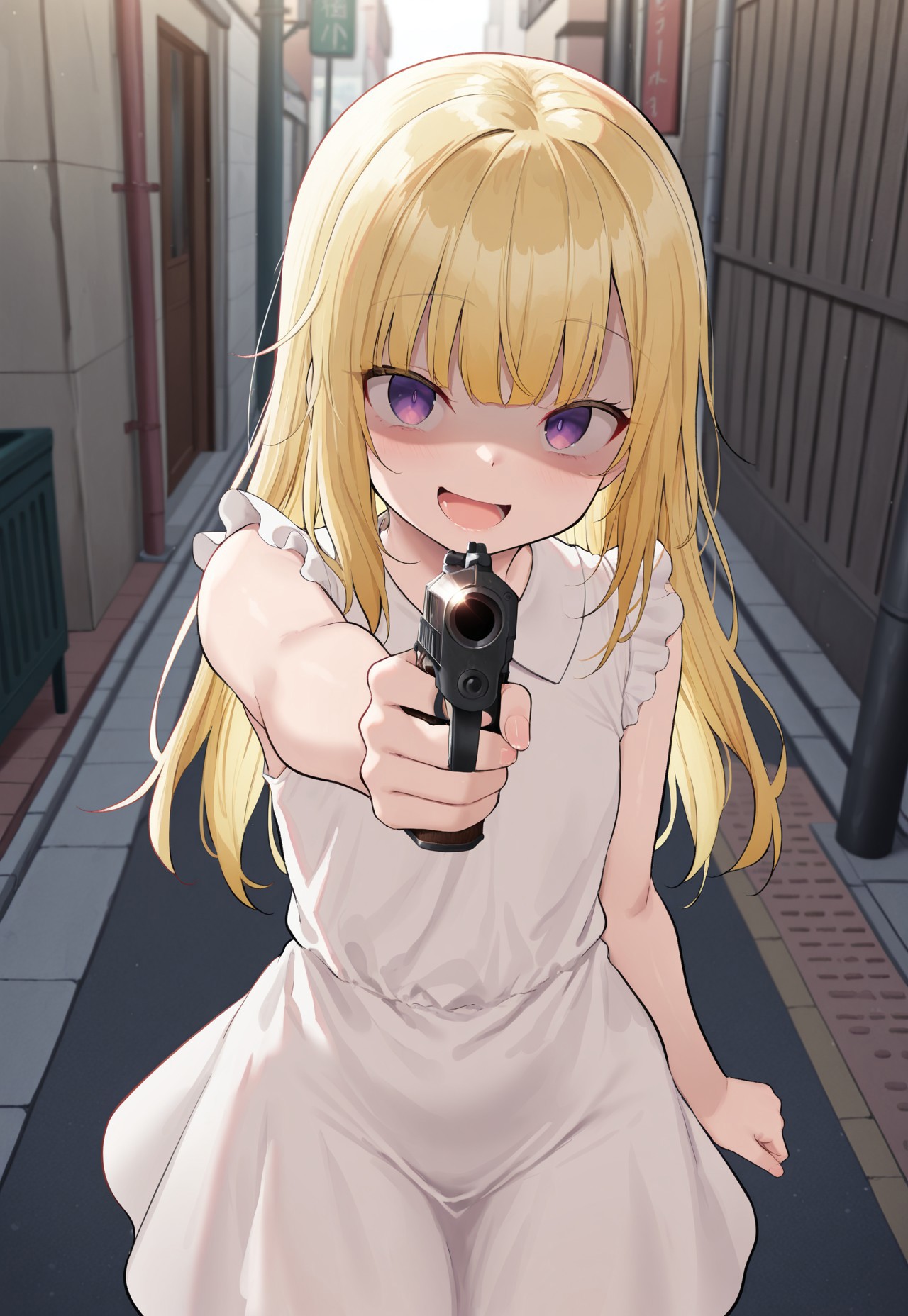 masterpiece,best quality,amazing quality,absurdres,very aesthetic,1girl,yukippt,blonde hair,long hair,hair down,purple eyes,aged down,solo,dress,sleeveless dress,white dress,mesugaki,smile,open mouth,weapon,holding gun,pistol,aiming at viewer,arm at side,outdoors,street,depth of field,looking at viewer,shaded face