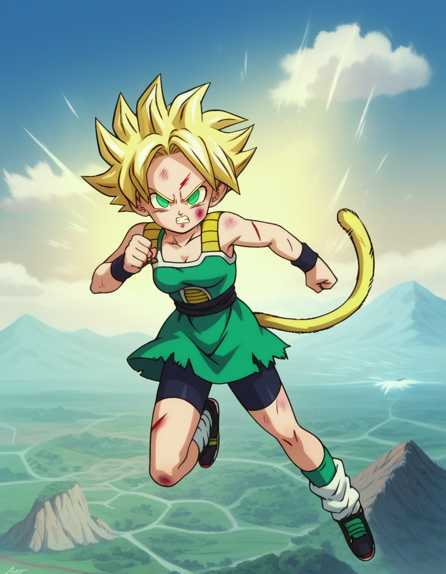 zPDXL, score_9, score_8_up, score_7_up, score_6_up, score_5_up, source_anime, 4k, absurdres, 1girl, solo
<lora:Broly_v1:0.8> dbsb, green dogi, bike shorts, black wristband, angry, clenched teeth, looking at viewer, black sash, sleeveless dress, green dress, black sneakers, green socks, loose socks, flying, speed lines, emphasis lines, torn clothes, damaged, blood, cuts, bruise, ice, sky, cloud, iceberg, mountainous horizon, mountain, fighting stance, yellow aura, glowing,, <lora:Parsleah_v1:0.7> parsleahssj, blonde hair, spiked hair, super saiyan, green eyes, no pupils, (monkey tail, yellow tail), small breasts
