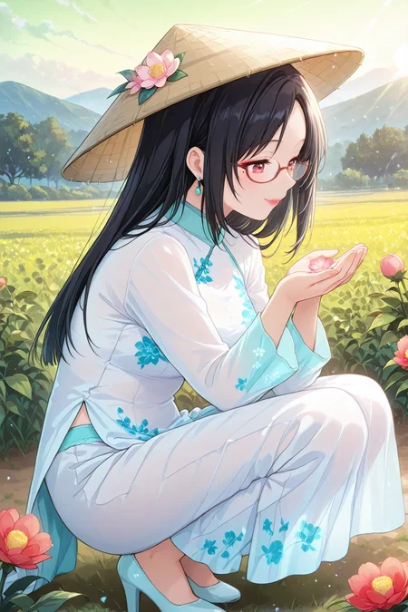 1girl, solo, straight hair, parted bangs, black hair, cute, kawaii,
from behind, from side,
squatting, cupping hands, flower on hands, 
<lora:loraeyesxl:1>, detailed irises, looking down, looking at flower, 
makeup, mascara, thick lips, red lips, mole under eye, glasses,
happy, light smile, closed mouth, 
glossy skin, skindentation,
<lora:LECO_BadHands:2> <lora:LECO_GoodHands:-2>,
<lora:vietnamesedressponyxl1-08:1>, transparent dress, rice hat, hat ribbon, see-through silhouette,
earrings, hairclip, flower hair ornament, vietnamese dress, vietnamese clothes, jewel encrusted, gems adorned, jewelry, embedding, embroidery, embellishment, high collar, floral print, long sleeves, flare sleeves, sheer pants, white pants, side slits, high slits, silk, lowleg, low-rise, high heels,
BREAK outdoors, flower field, paddy field, rural, green meadow, tranquility, rustic aesthetics, light particles, vibrant colors, detailed shading, backlighting, portrait, masterpiece, highres, newest, illustration,
<lora:StS-Illustrious-Detail-Slider-v1.0:1.75>, <lora:Detailer_NoobAI_Incrs_v1:0.8>, <lora:Smooth_Booster:0.5>, <lora:sd_xl_dpo_lora_v1:0.75>,<lora:reij-detaILer:0.75>, <lora:CleanAnime - [Enchanter] - IllustriousXL v4.0:0.8>, <lora:anime_screencap-IL v-pred:0.8>, <lora:Special_Day_Illu_Edition:0.8>, SD-Illu