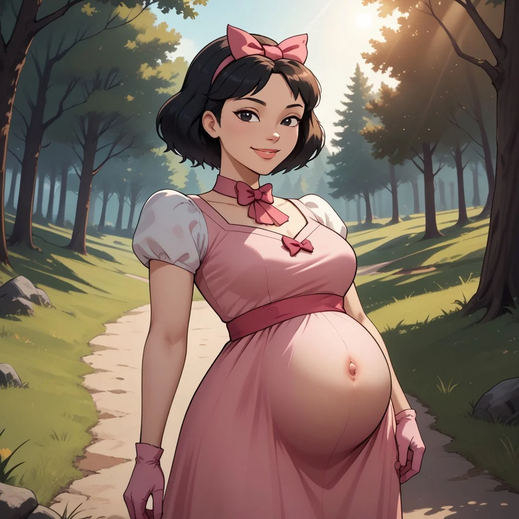 score_9, score_8, BREAK, solo, total drama, 1girl, black hair, pink hair bow, black eyes, lips, pink neck band, pink short dress, light pink gloves, pink footwear, Ella_(Total_Drama), tdpi, cute, pregnant, sexy pose, self portrait, smile, outdoors, sunlight, shadows, evening lighting, natural lighting, forest, trees, grass, orange sky, sunset
