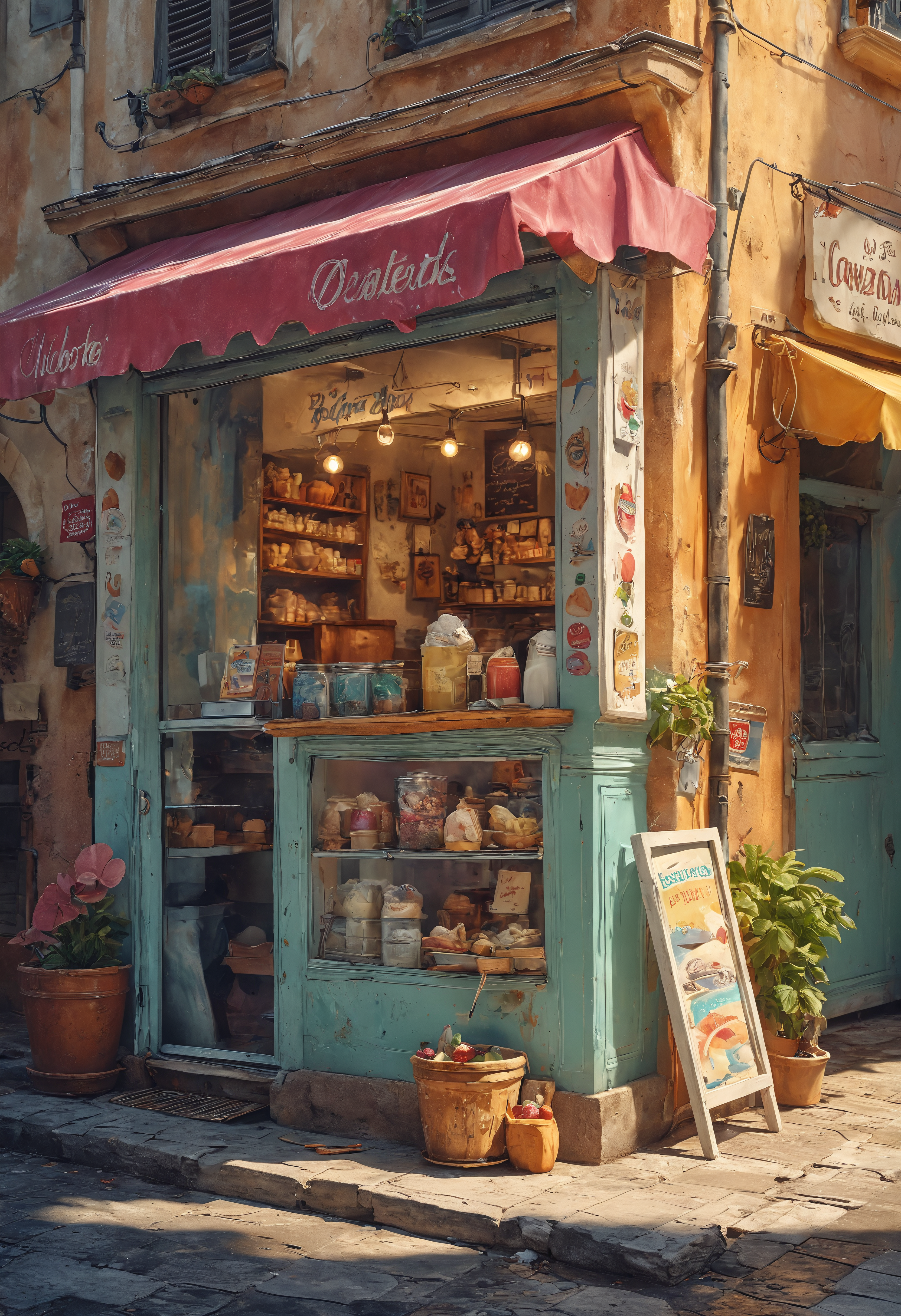 gelato shop in italy, beautiful, surreal, highly detailed, sharp focus, digital painting, 3 d art, illustration, trending on artstation  <lora:MJ52:0.5> <lora:add-detail-xl:1>