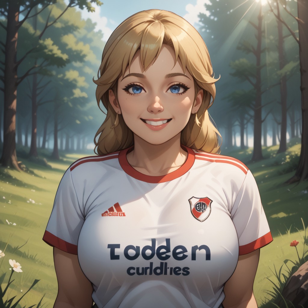 score_9, score_8, BREAK, solo, mii, wii, wii sports, 1girl, female mii, cute, plump, fat, chubby, blonde hair, blue eyes, RiverPlate, striped shirt, striped, shirt, white shirt, short sleeves, clothes writing, sportswear, soccer uniform, Megan_(Wii_Sports), big breasts, (((adult female, mature female))), sexy pose, self portrait, smile, outdoors, sunlight, shadows, evening lighting, natural lighting, forest, trees, grass, orange sky, sunset