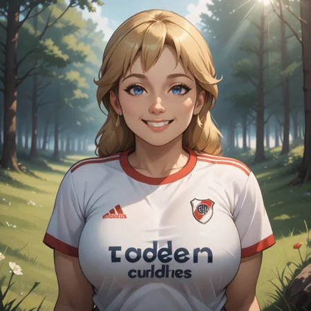 score_9, score_8, BREAK, solo, mii, wii, wii sports, 1girl, female mii, cute, plump, fat, chubby, blonde hair, blue eyes, RiverPlate, striped shirt, striped, shirt, white shirt, short sleeves, clothes writing, sportswear, soccer uniform, Megan_(Wii_Sports), big breasts, (((adult female, mature female))), sexy pose, self portrait, smile, outdoors, sunlight, shadows, evening lighting, natural lighting, forest, trees, grass, orange sky, sunset