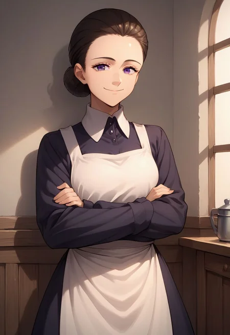 score_9, score_8_up, score_7_up, source_anime, highly detailed,
isabella, 1woman, solo, apron, purple eyes, single hair bun, crossed arms, hair bun, looking at viewer, smile, closed mouth, maid, brown hair, long sleeves, dress, white apron,
maid apron, upper body,