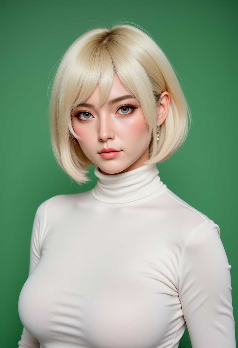 Headshots,masterpiece, a beautiful woman,Hyperrealistic, she is smiling, dynamic angles, multiple angles, photoshoot poses; A photo of A photo of Xiao Wu 156G, a woman with short blonde hair, and blue eyes, she has massive breasts, a beautiful girl,she is wearing a white turtleneck sweater.she has massive breasts, she has piercing eyes. a dynamic pose and a sense of action. simple green background, and the lighting is soft, creating a dramatic effect, creating a focused and dynamic pose.; the scene is set in a beautiful well-lit environment, with a sense of action and adventure. Style: realistic hyper-detailed rendering, 32k UHD, expressive eyes, punk, graphic design, girl's face, pretty and cute, gleaming lips, telling a tale of adventure. Exuding confidence and serenity. The overall mood of the image is happy and relaxed, detailed skin texture,(blush:0.2),(goosebumps:0.3), subsurface scattering,with a playful and whimsical tone,aidmafluxpro1.1, perfection style,