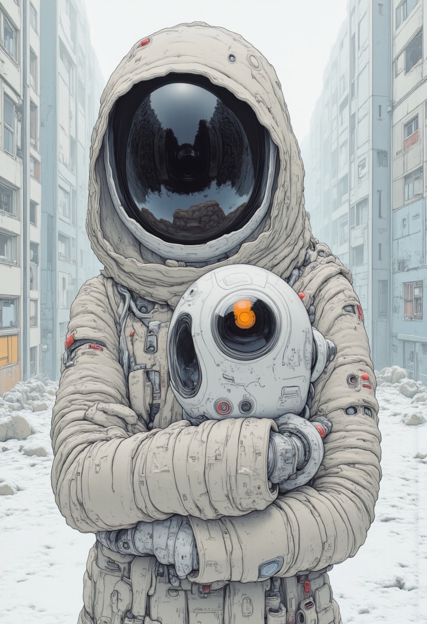 female robot hooded, scarf, jacket, holding cute robot in arms, background snowy city, style biomechanical