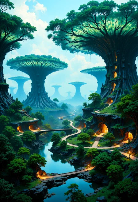 highest details, ultra hyper realism. highly detailed and realistic. intricate and highly professional artwork, an absolute masterpiece.
This is a high-quality photograph taken from an elevated angle, showcasing the futuristic and meticulously designed landscape of the Pandora - The World of Avatar theme park at Disney's Animal Kingdom in Orlando, Florida. The image features the park's iconic structures, known as the Valley of Mo'ara, with its lush greenery and bioluminescent elements. The central focus is on the towering, sleek, and organic-shaped tree-like structures with intricate light patterns, giving them a sci-fi aesthetic. The foreground includes a reflective water feature with green foliage and pathways that curve around the water, leading to various smaller structures and walkways. The lighting is soft, creating a serene and immersive atmosphere. The background reveals more of the park's layout with additional greenery and water elements, all bathed in gentle, ambient light. The overall aesthetic quality of the image is very high, capturing the beauty and detail of the themed environment with clarity and artistic precision.
<lora:articolorpaint_v01_epoch_13:0.75> <lora:FredFraiStyle-FLUX-Share:0.7> FredFraiStyle, Knight, Armor, Warrior