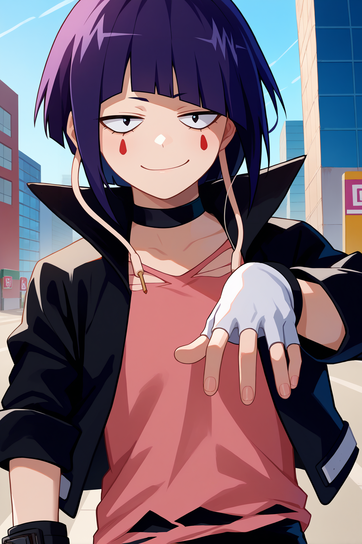 score_9, score_8_up, score_7_up, score_6_up, source_anime, 1girl, solo  <lora:kyoukajiro-pdxl-nvwls-v1-000006:1> bnhakj, black hair, purple hair, short hair, blunt bangs, black eyes, audio jack, long earlobes, facial mark, choker, black jacket, pink shirt, torn shirt, black pants, white gloves, fingerless gloves, looking at you, upper body, tired, smug, blue sky, smile, city, happy