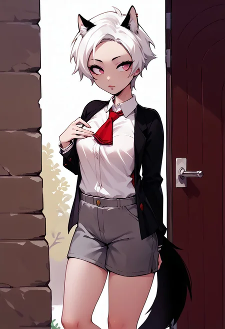 score_9, score_8_up, score_7_up, score_6_up, c1ca,1girl,adult,bare_legs, impossible_clothes, body_silhouette, adjusting clothes, eye_contact, perfect_breasts, lips parted, slim, short hair, pink eyes, white hair, animal ears, red piercing, black wolf tail,ruanyi1043, white shirt, red tie, grey shorts, fishnets, standing, cute_expression, outdoors,porch,doorway,