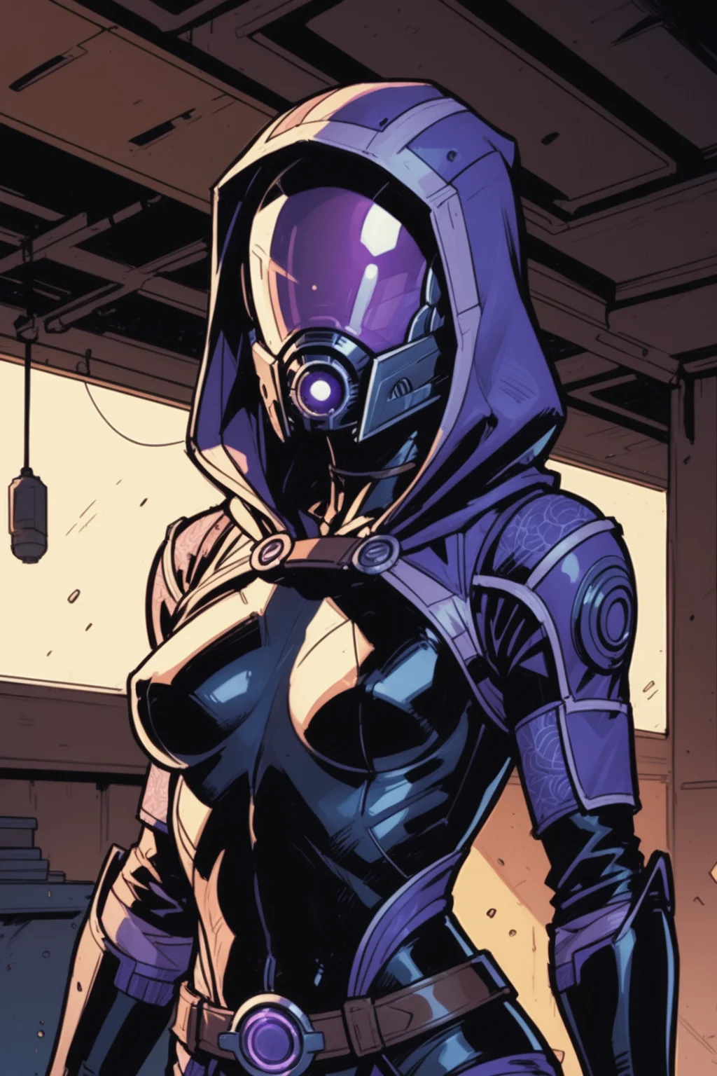 1girl
tali'zorah mass effect
1girl, solo, alien, hood, bodysuit, breasts, belt, helmet, fewer digits, upper body, medium breasts, colored skin, science fiction, hood up, small breasts, covered face, cowboy shot, glowing, hooded bodysuit, armor, , standing, skin tight, buckle, black bodysuit, , gloves, indoors, pouch,, <lora:Expressive_H:0.35> , <lora:incase---1:0.25>, a_Comic_Illustration, rough lines by pencil and ink, drawn, sketch, crosshatching, comic style, graphic novel style, sharp lines, hires, zstyle, (western comics \(style\):1.1), hatching \(texture\, zPDXL, Mr_Monster_Possitive