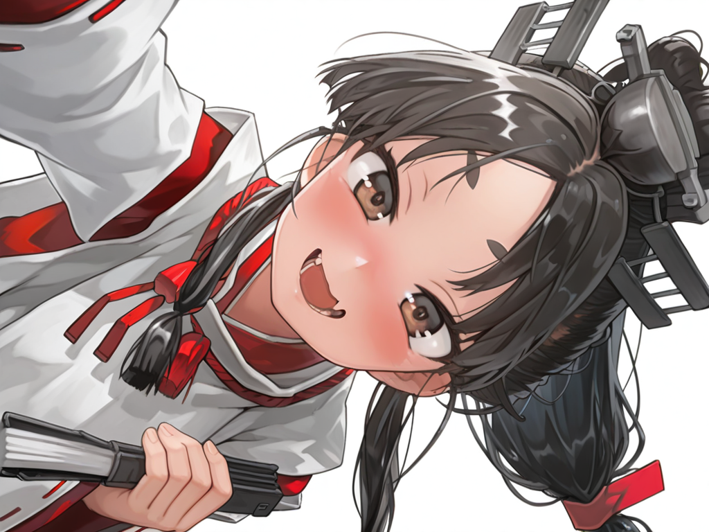 <lora:Nisshin_ilxl_v1.2:1>,s_c_nisshin,high ponytail,multi-tied hair,black hair,brown eyes,long hair,w_f,holding,folded fan,n_clothes,long sleeves,red hakama skirt,white tabi,rudder footwear,okobo,1girl,solo,reaching towards viewer,grin,evil smile,grinning face,nose blush,open mouth,skin fang,Narrowed eyes,close-up of face,foreshortening,from below,looking at viewer,backlighting,drop shadow,, masterpiece,best quality,amazing quality,very aesthetic,absurdres,
