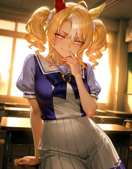 masterpiece, best quality, amazing quality, very aesthetic, high resolution, ultra-detailed, absurdres, newest, scenery,
1girl, solo, umamusume, fusaichi pandora \(umamusme\),
tracen school uniform, short sleeves,
indoors, classroom,
cowboy shot, smug, looking at viewer, <lora:fusaichipandoraillv1:0.8>, glowing, colorful, photorealistic, shiny_skin,dutch angle, <lora:arcain-2411:0.4>,, HDR,photo background,detailed eyes,detailed hands,detailed clothing,detailed shading,dim lighting,chiaroscuro,BREAK depth of field,masterpiece,best quality,amazing quality,very aesthetic,high resolution,ultra-detailed,absurdres,newest,scenery,volumetric lighting,