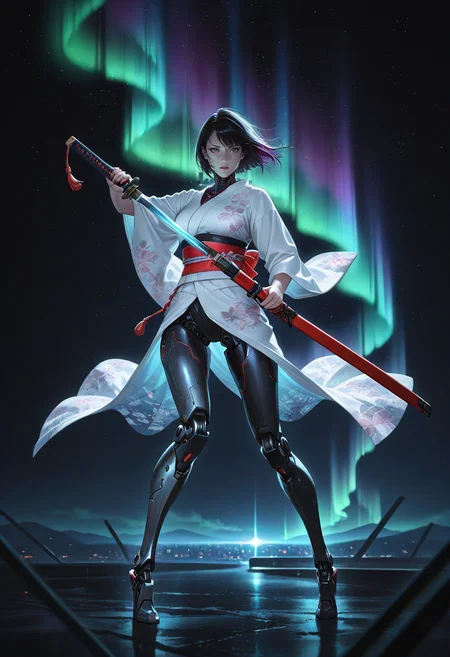 masterpiece, best quality, amazing quality, very aesthetic, detailed eyes, perfect eyes, realistic eyes, depth of field,
facing viewer, full body, dramatic, (fighting stance:0.7),
1girl, cyborg, sword, unsheathing, katana, white kimono, black hair, (mechanical legs:1.2),
cyberpunk city, night, starry sky, aurora,
cinematic, epic, bloom,
volumetric lighting, (dark background:1.4), vibrant colours, high contrast,
<lora:Dramatic Lighting Slider:3>, <lora:GBF_Illustrious:0.6>, gbf_style