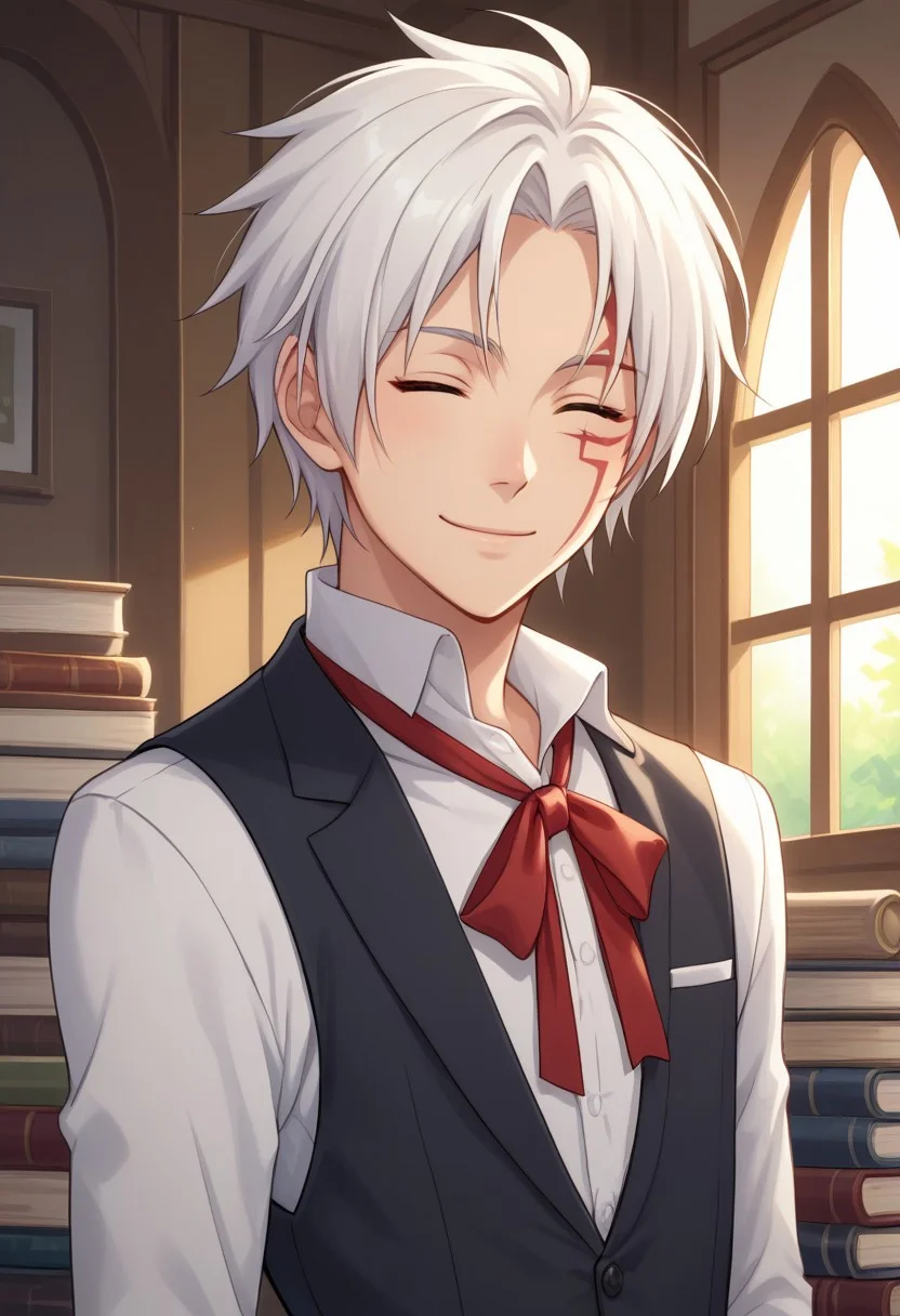 score_9, score_8_up, score_7_up, source_anime, highly detailed,
allenwalker, 1boy, male focus, solo, white hair, formal, ribbon, upper body, jacket, slender, skinny, closed eyes,
facial mark, vest, ribbon, neck ribbon, red ribbon, shirt, white shirt, smile, closed mouth, looking at viewer,
indoor, window, books,