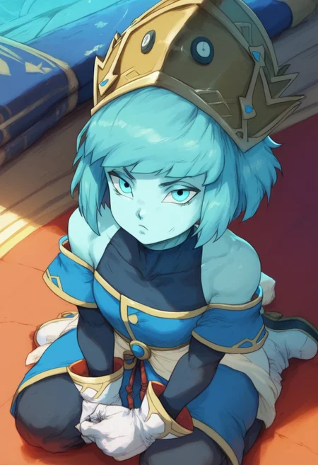score_9, score_8_up, score_7_up, solo, female, extremely detailed, short, small body shortstack, aeos formone, short hair, gloves, long sleeves, hat, bare shoulders, blue hair, blue eyes, black pupils, white gloves, off shoulder, colored skin, turtleneck, crown, white boots, covered collarbone, kneeling, indoors, looking at viewer, looking up, view from above, 5 fingers, bored