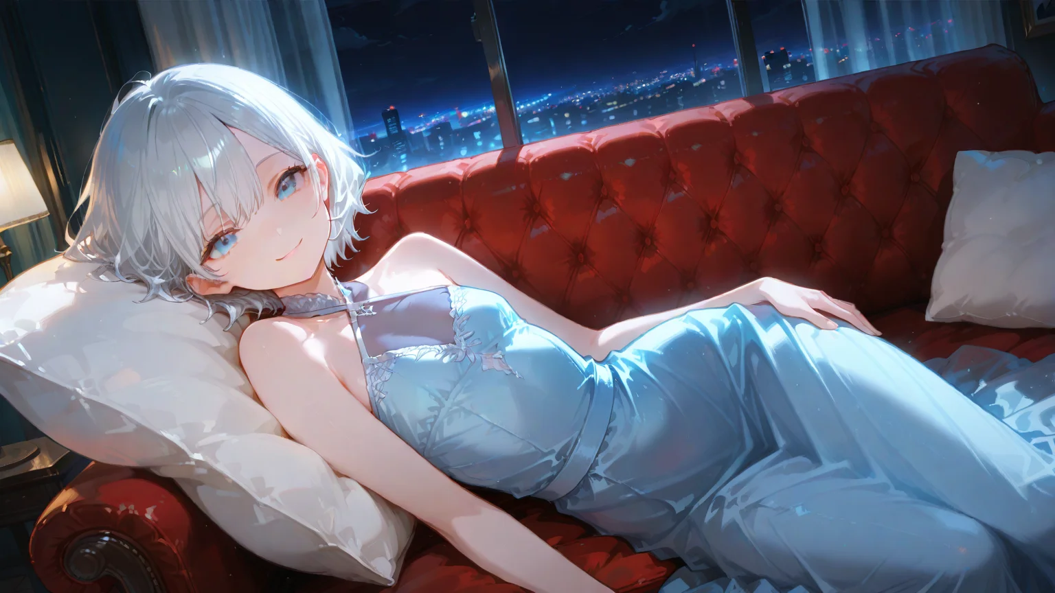 artist:, masterpiece, newest, very aesthetic, very awa, absurdres, highres, 1girl, detailed eye, small slim girl, disheveled silver-haired, blue eyes, halter dress, long dress, blue casual dress,see-through cleavage, reclining on cozy sofa, pillow, happiness, gentle smile, looking at viewer, night scene, window, curtain, city lights, dimmed environment lights, dutch angle, high angle shot, cowboy shot, close-up