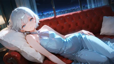 artist:, masterpiece, newest, very aesthetic, very awa, absurdres, highres, 1girl, detailed eye, small slim girl, disheveled silver-haired, blue eyes, halter dress, long dress, blue casual dress,see-through cleavage, reclining on cozy sofa, pillow, happiness, gentle smile, looking at viewer, night scene, window, curtain, city lights, dimmed environment lights, dutch angle, high angle shot, cowboy shot, close-up