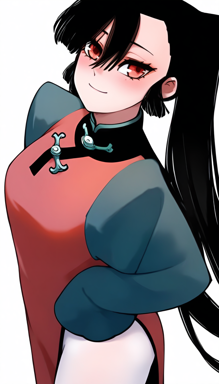 <lora:hudasheng:1>,hudasheng,1girl,long hair,red eyes,solo,long hair,black hair,hair between eyes,ponytail,pigtails,white_pantyhose,china_dress,red china_dress,long sleeves,green long sleeves,
standing,looking at viewer,smile,blush,light_blush,((white background,simple background,)),full_shot,from_side,, masterpiece,best quality,amazing quality,