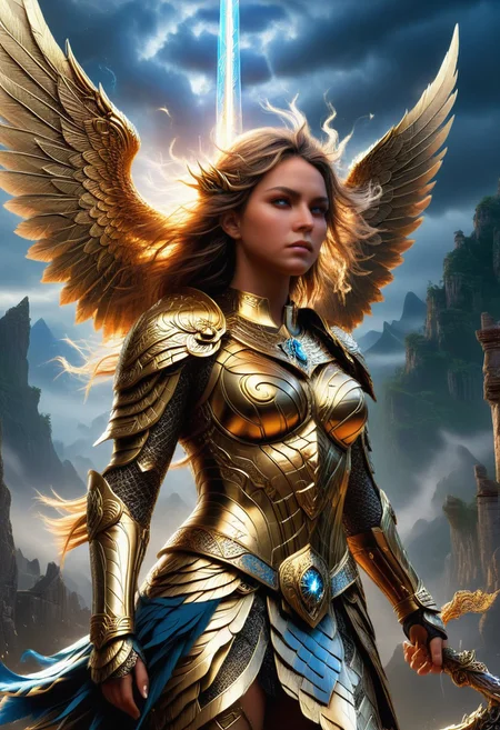 Valkyries in their majestic form: ultra realism, high quality, high resolution 8K and higher, stable and accurate focus, ultra correct anatomy, super details. Valkyries depicted in their majestic form ready for battle.
Valkyries: Beautiful, imposing warrior maidens clad in shining bronze armor with ornate helmets and winged helms. They hold spears and swords that glitter in the light. Each Valkyrie carries a shield with runic symbols and intricate carvings. Their faces radiate determination and courage, their hair long and blowing in the wind. There are slight auras of light surrounding the Valkyries' weapons, highlighting their magical abilities.
Winged horses covered with silvery scales that fly over land and sea. The horses' wings are outstretched, creating an impressive sense of movement and power.
Ancient landscape with mountains shrouded in clouds and mists. A divine fortress can be seen on the horizon, illuminated by the rays of sunrise or sunset, adding drama to the scene. Distant castles and ancient ruins accentuate the mythical atmosphere. Flying creatures and symbolic figures can be seen in the sky, which add depth and mysticism to the scene.
Soft sunrise or sunset lighting effects that illuminate the scene and highlight the details in the Valkyries' armor and weapons.
Runic symbols and intricate carvings on shields and armor, detailed textures on the winged horses and armored Valkyries, the flowing hair and flames in the Valkyries' eyes.