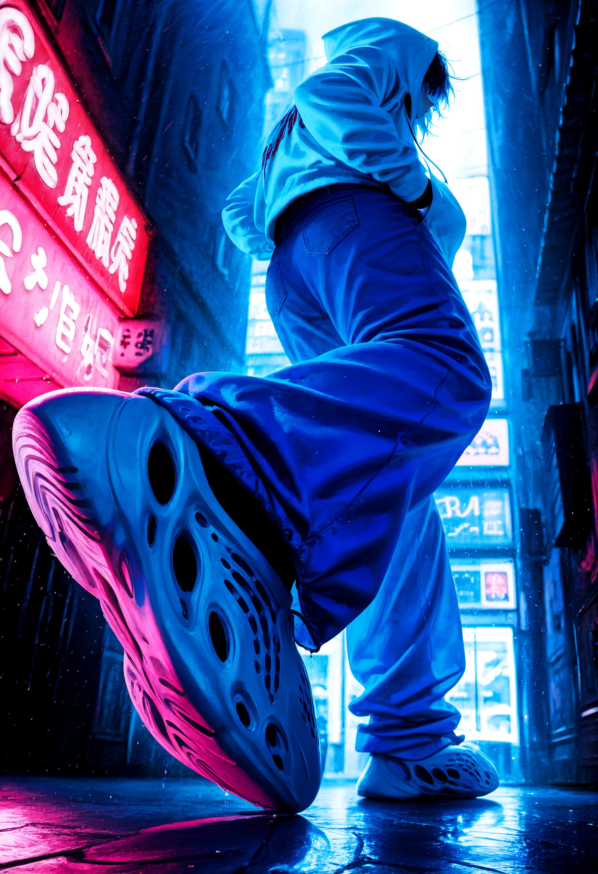 HDR, 8K, high contrast, masterpiece, best quality, amazing quality, very aesthetic, superabsurd res, high resolution, ultra-detailed, absurdres, newest, scenery, (horikoshi kouhei:0.3), (quasarcake:0.3), (wlop:0.3), light rays, chiaroscuro, dynamic angle, foreshortening, perspective, from behind, from below, full body, foot focus, white hoodie, hood up, blue jeans, denim, baggy pants, oversized pants, f0am rvnners, white footwear, black socks, shoe soles, wet shoes, hands in pockets, walking away, looking away, dark, outside, night, reflections, rain, shops, glow, backlighting, partially illuminated, Intricately designed, Mysterious Shadows, BREAK, photorealistic, beautiful detailed eyes, detailed skin, detailed hair, volumetric lighting, dappled light, light particles, dramatic shadows, cinematic lighting, photo background, depth of field, <lora:IL\touching_grass_v0.2:0.8> <lora:IL\KMS_Yeezy_Foam_Runners_IL-000019:1>