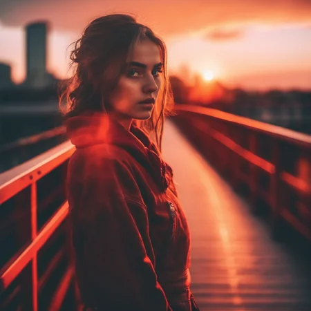velumia girl at sunset on the bridge, cinematic, professional photo, very detailed, red light <lora:velumia:1>