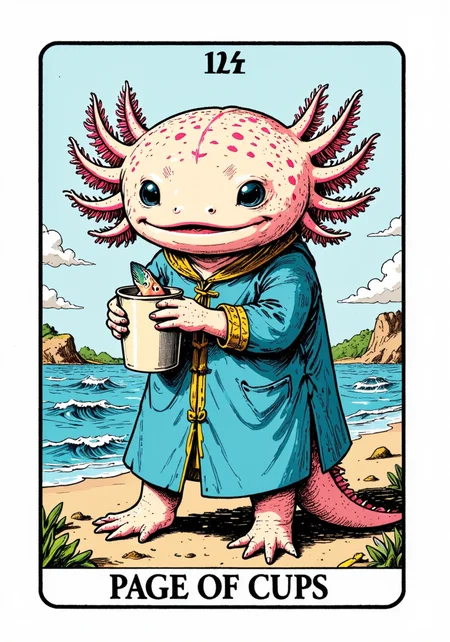 axolotl, a tarot card in the style of ck-tc featuring, A tarot card with the text "Page of Cups," an axolotl holding a cup with a fish poking out, standing on the shore, waves, a blue tunic.<lora:ck-tarot-000015.safetensors:1.0:1.0> <lora:Axomodel_Flux_V1.1.safetensors:1:1>