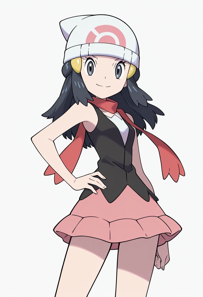 PokeStyleMix, Masterpiece, high quality, flat colors, anime screenshot, anime screencap, 1girl, solo, hat, beanie, scarf, long hair, grey eyes, skirt, white headwear, hair ornament, sleeveless, hairclip, dawn_(pokemon), looking at viewer, closed mouth, smile, hand on hip, dynamic pose,
