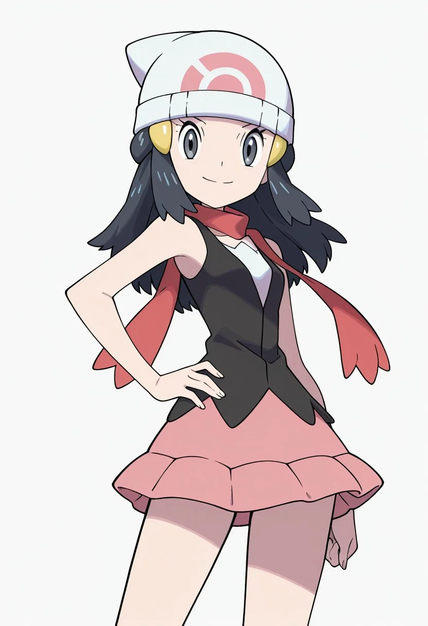 PokeStyleMix, Masterpiece, high quality, flat colors, anime screenshot, anime screencap, 1girl, solo, hat, beanie, scarf, long hair, grey eyes, skirt, white headwear, hair ornament, sleeveless, hairclip, dawn_(pokemon), looking at viewer, closed mouth, smile, hand on hip, dynamic pose,