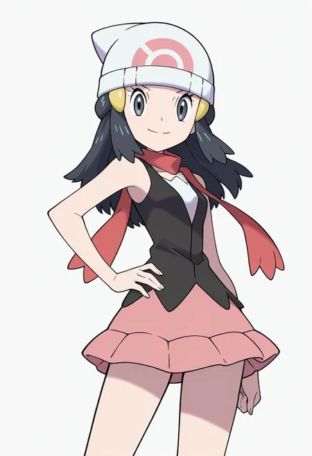 PokeStyleMix, Masterpiece, high quality, flat colors, anime screenshot, anime screencap, 1girl, solo, hat, beanie, scarf, long hair, grey eyes, skirt, white headwear, hair ornament, sleeveless, hairclip, dawn_(pokemon), looking at viewer, closed mouth, smile, hand on hip, dynamic pose,