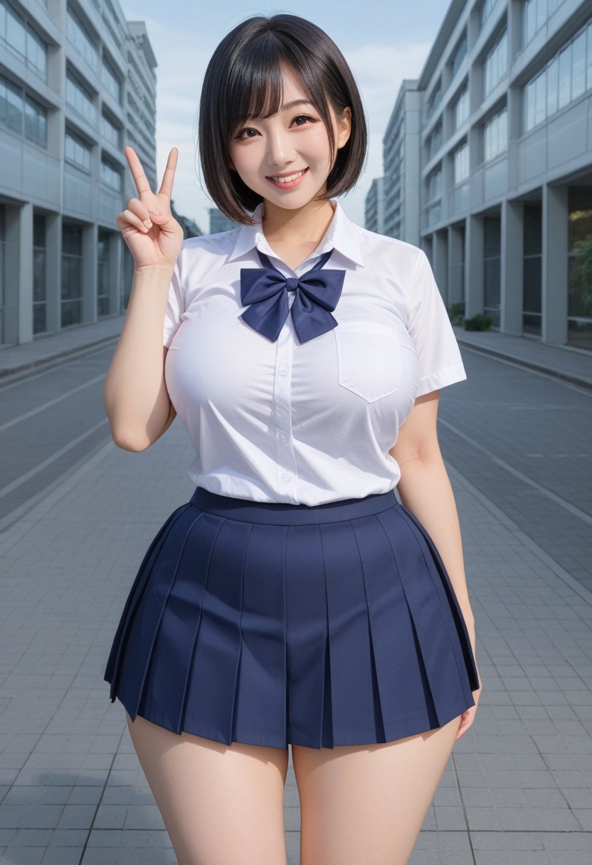1woman,black eyes,Japanese, Asian eyes woman, Asian girl,black hair with long forelock, short hair, friendly smile, wide hips,full clothed,
Open blue school uniform, mini school skirt,
building steps,I folded the peace sign
standing