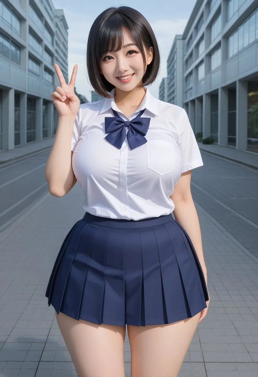 1woman,black eyes,Japanese, Asian eyes woman, Asian girl,black hair with long forelock, short hair, friendly smile, wide hips,full clothed,
Open blue school uniform, mini school skirt,
building steps,I folded the peace sign
standing