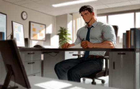 <lora:Random_style_lora_Illustrious:1>, ((rtxon, scenry, depth of field, wide shot, office)), man, ,, masterpiece,best quality,amazing quality,very aesthetic,high resolution,ultra-detailed,absurdres,
solo, male focus, muscular male, muscular male, bara, mature, (very short hair, beard, bara, mature, facial hair, stubble), facial hair, bara, mature,
aixiwuganda_(20222192), very awa, masterpiece, best quality, absurdres, newest, perfect quality, detailed background, intricate details,
<lora:slider_Body Type_alpha1.0_rank4_noxattn_last:2><lora:style_Anime Summer Days 2 Style SDXL_LoRA_Pony Diffusion V6 XL:.6><lora:slider_cfg_scale_boost:.7><lora:Artist6p:.55> Artist6p, Artist04p,<lora:slider_il_brightness_slider_d1:-1><lora:slider_il_contrast_slider_d1:-1><lora:slider_DarkSlider1.2_alpha1.0_rank16_full_300steps:-.6>