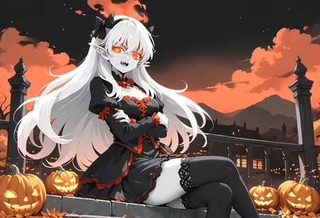 (masterpiece), (score_9, score_8_up, score_7_up,source_anime), 4K8K, 
(from front), misty, steam, fog, Floating Halloween pumpkins, 
halloween, halloween fantasy, 
Japanese cute woman, Sitting on a throne, (solo), (Glossy skin, pale skin:1.3),  makeup vampire, (crossed arms, pigeon-toed), burning pumpkin, (dark aura:1.4), (smirk, half-opened mouth, Canine, tooth, fang1.2), 
(medium figure:0.9), (pointy breasts:1.1), 
(white hair, verry long hair), (red glowing eyes, slanted eyes:1.2), 
(wearing vampire cos, dress, makeup, red and black dress, zettai ryouiki, thighhighs:1.2), 
(BloforMB, red theme, scenery at dark night:1.3), elf ears,