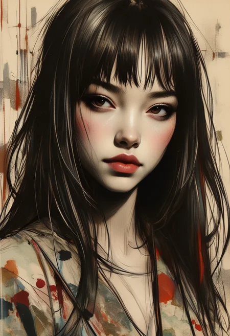 OBxiaoxiang, Inkplash art on rice paper, sepia, henna , inksketch, Silhouette Art, magnificent, dark background, inksplash portrait of stunning japanese woman, long dark hair with platinum streaks, sidelocks, bangs, seductive, sultry, lustful, red lips, direct gaze, light hitting one side of face, inksplash abstract background