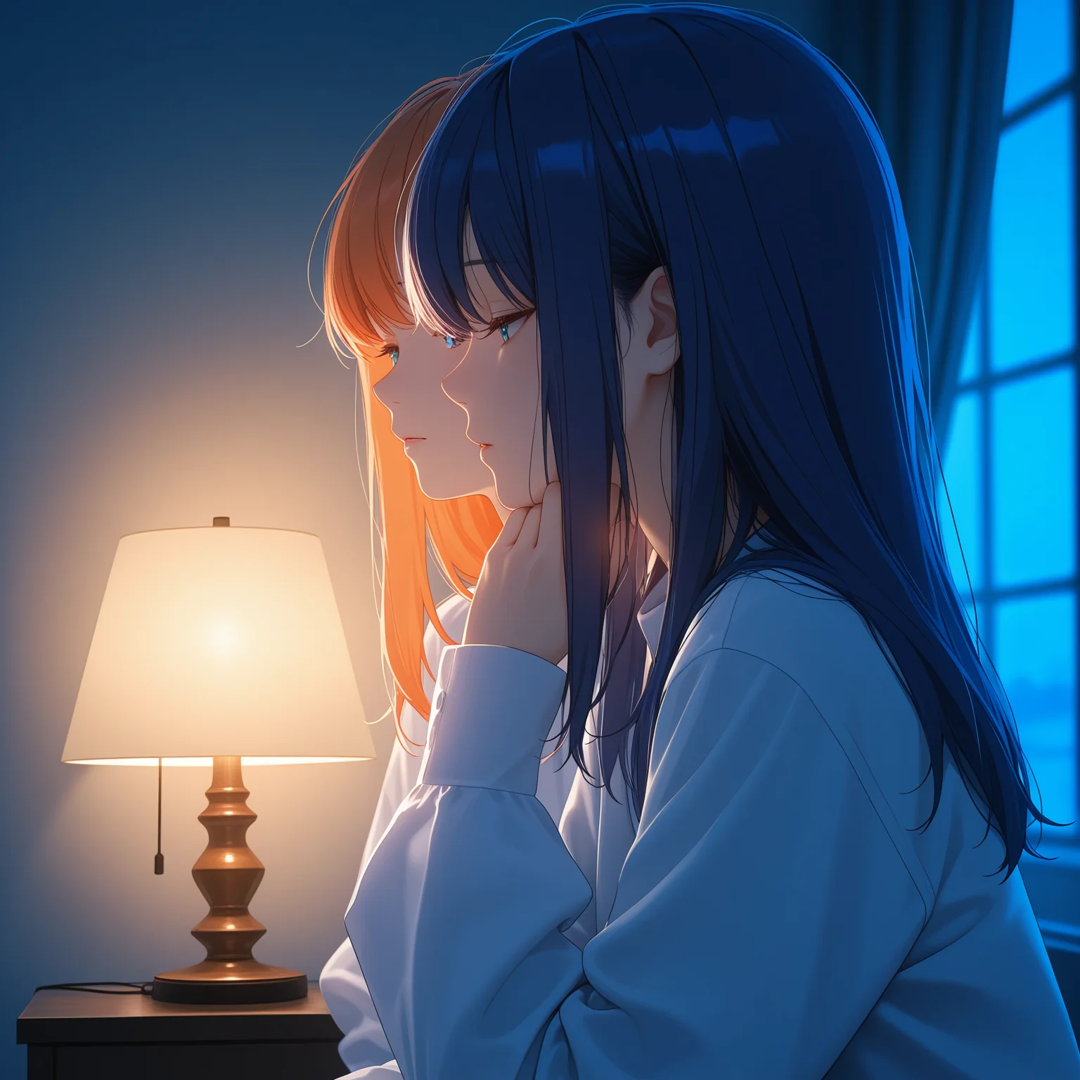anime,(realistic:0.4),<lora:StS_IllustXL_Breast_Size_Slider_v1.0:-0>,<lora:Nipple Size Slider_ILXL:-1>,<lora:SkindentationSlider:1>,<lora:StS_Age_Slider_Illustrious_v1:-0>,<lora:DarkSlider1.2_alpha1.0_rank16_full_300steps:-0>,<lora:lighting_temp_slider1.0:-2>,cinematic lighting,warm ambient lighting,blue hour,lamp,orange lighting,2girls,