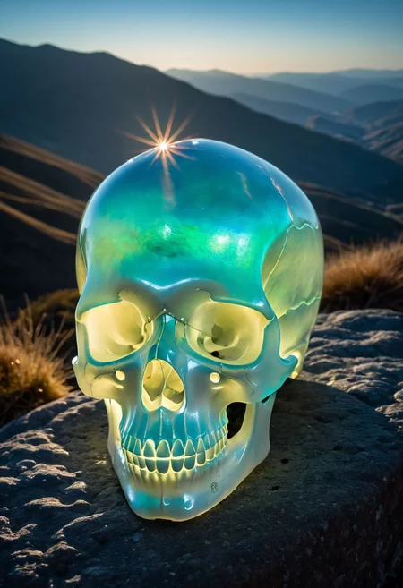 Fujifilm XT3, Sony A7 IV, (award winning photography) a delicate translucent skull made of opal set on a stone ledge in the early morning light, glistening. in the background beautiful valleys, divine iridescent glowing, opalescent textures, volumetric light, ethereal, sparkling, light inside body, bioluminescence, studio photo, highly detailed, sharp focus (highest quality: 1.39) (highest coherency: 1.39) (award winning photography), highly detailed photography, (muted colors, cinematic, dim colors, soothing tones:1.2), vibrant, insanely detailed, hyperdetailed, (dark shot:1.2), (vsco:0.3), (intricate details:0.9), (hdr, hyperdetailed:1.2) (vignette), sss
