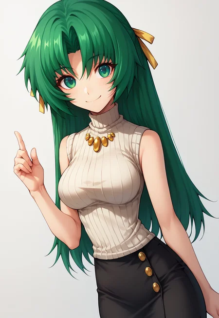 safe_pos, score_9, score_8_up, score_7_up, solo, female, (Sonozaki Shion), green eyes, green hair, long hair, hair ribbon, white turtleneck sweater, black skirt, pencil skirt, yellow necklace, sleeveless, smile, kawaii, medium breasts