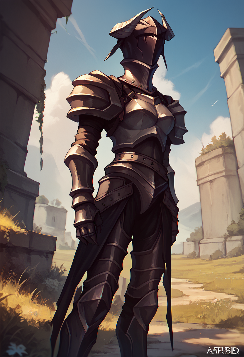 score_9, score_8_up, score_7_up, solo, 1girl, alb3d0armor, looking away, standing, horned helmet, fake horns, black armor, shoulder armor, pauldrons, gauntlets, outdoors <lora:ol_albedo_ponyXL:1>