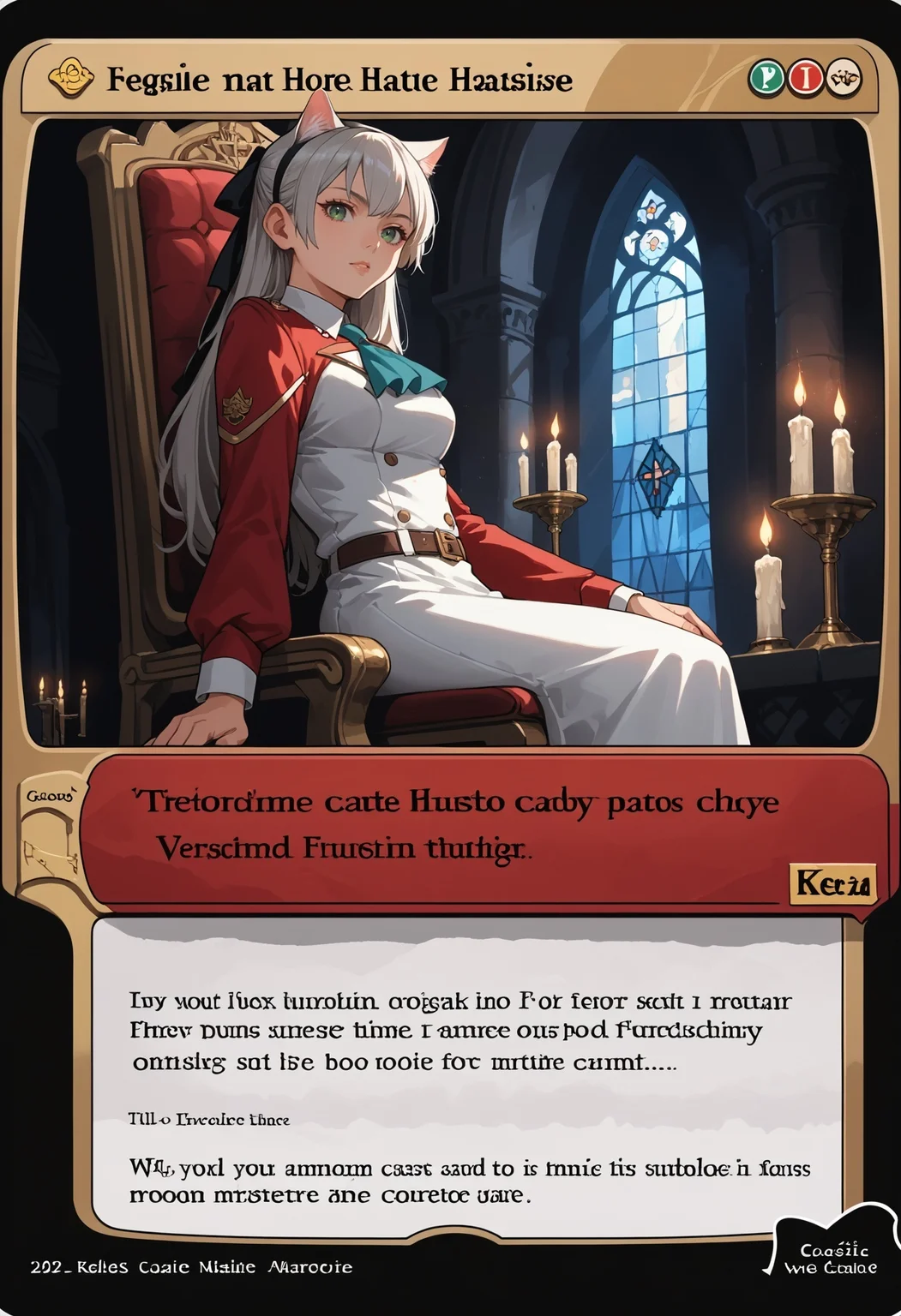 c4rd,english text,character name,
cat ears, cat tail,dark castle, from side, from below, looking at viewer, tilted head, sitting on throne, indoors, candlelight,
zeroElie, black hairband, hair ribbon, long hair, ascot, uniform, long red sleeves, white dress, pencil skirt, belt, black pantyhose,green eyes,
score_9,score_8_up,score_7_up, source_anime,
<lora:elie-pdxl-nvwls-v1:0.8> <lora:MTG_card_v2:1>