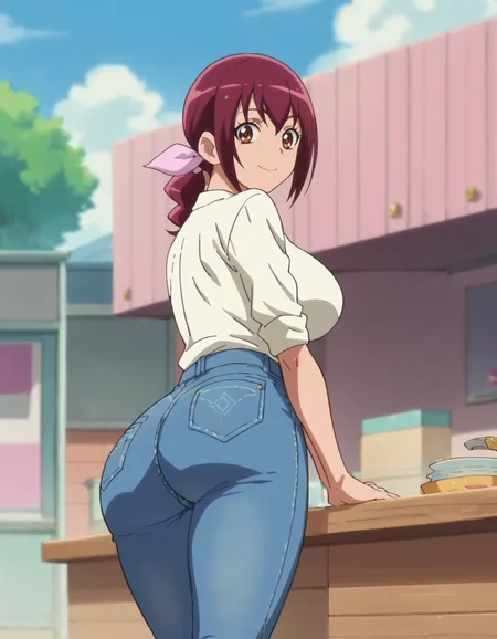 score_9, score_8_up, score_7_up, anime screencap, solo,1girl,hoshizoraikuyo, skirt,long denim pants,hair ribbon, white shirt,looking at viewer,smile, large breasts,from behind,huge ass<lora:hoshizoraikuyo_pony:0.8>