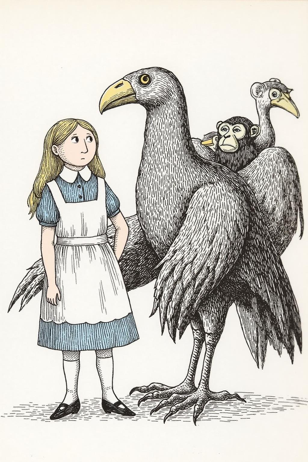 edwardgorey1 illustration.
joten1. A fantastical encounter between a young girl, Alice in Wonderland, and a giant, prehistoric-looking bird. Alice, wears a blue and white striped dress, a white apron, and white stockings. She is talking with a anthropomorphic Dodo bird. There are other birds and and a monkey behind them.  <lora:edwardgorey1_d8a4e9:1.0><lora:864756808437236792:0>