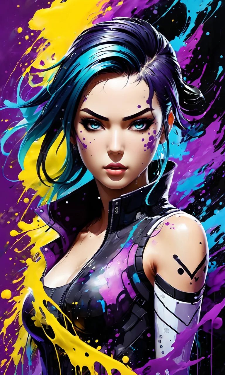an anime painting of a woman, paintsplashsdxl, <lora:paintsplashsdxl:1>, vibrant color, best quality, masterpiece, epic, flowing, purple and yellow paint, legendary, mythical, cyberpunk