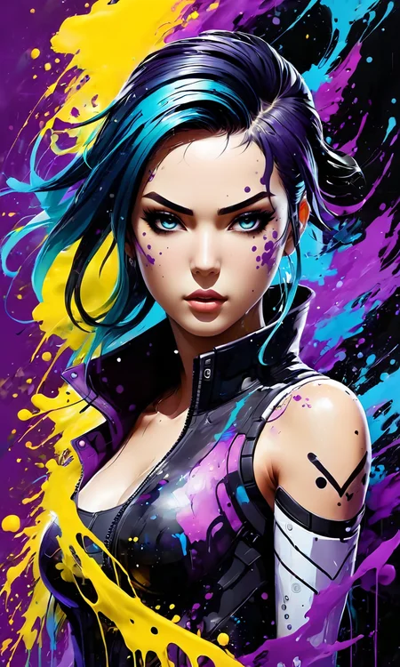 an anime painting of a woman, paintsplashsdxl, <lora:paintsplashsdxl:1>, vibrant color, best quality, masterpiece, epic, flowing, purple and yellow paint, legendary, mythical, cyberpunk