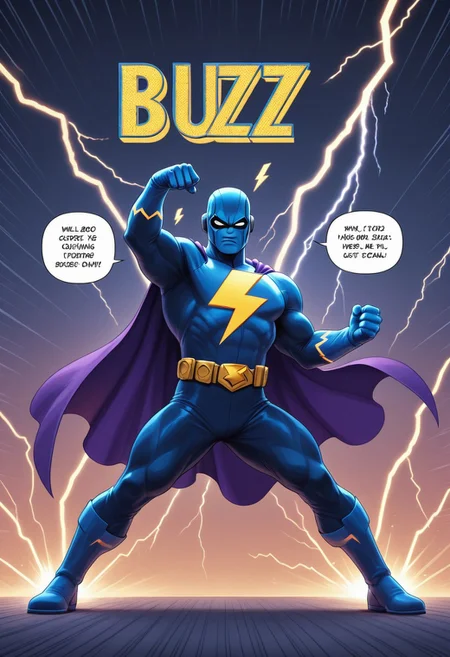 Buzz2, comic book illustration, a super hero, speech bubble reads "BUZZ", hero pose, lightning bolt symbols