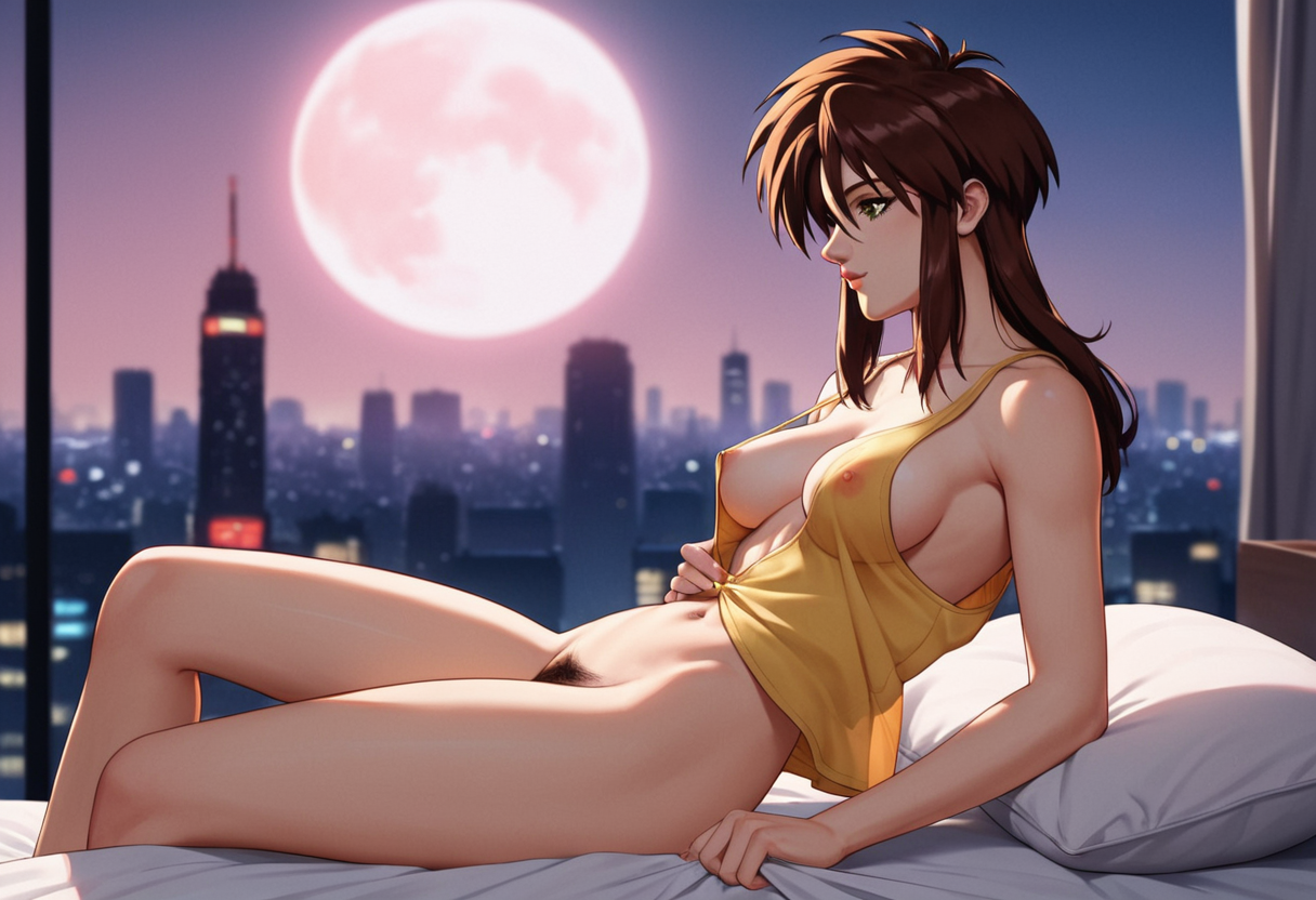 score_9, score_8_up, score_7_up, score_6_up, rating_explicit, contrast of cool dark background with warm bright foreground, full color, night, city light, volumetric moonlight, depth of field
neo-tokyo Aesthetic, modern bedroom Aesthetic, Blurry Background, cyber city view, stary night, full moon, light rays, beautiful natural lighting, glow, light,
<lora:Priss Asagiri _ Bubblegum Crisis Tokyo 2040_epoch_10:1>, Priss, sidelocks, retro artstyle, oversize yellow tank top, open shirt, grey underwear,
{petite body, athletic body, medium breasts, perfect round firm tits, medium round perfect tits, (medium Breasts:0.8), long legs, perfect anatomy, perfect face, perfect nose, detailed eyes, beautiful eyes, perfect eyes, perfect breasts, anatomically correct hands:1.3},
cute, side view, from side,
sitting in bed, posing, nipple slip, exposed breast, 1breast out of shirt, see through panties, (pubic hair:1.3), white pillows, white sheets, Tokyo cityscape, city lights, nsfw, playing guitar, holding a guitar