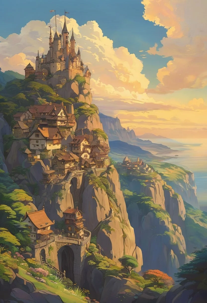 (studio ghibli drawing), (studio ghibli painting),best quality, masterpiece, extremely detailed, professional art, professional painting, an extremely delicate and beautiful, dynamic, great lighting, perfect shading, professional shading, depth of field, side soft light, elegant, gorgeous, highly detailed, full shot, uncropped, pure genious, absolutely perfect, highly detailed, breathtaking, a giant and sheer cliff face with a town built into it, lots of different dwellings, fantasy, sunset