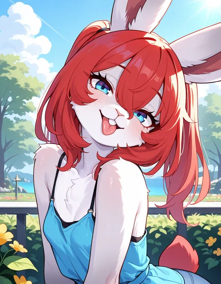 masterpiece, best quality, very aesthetic, absurdres,
outdoors,
headshot, tongue out, head tilt,
casual,
seductive smile, parted lips, long eyelashes,
<lora:Naili_v01_NAIXL:1>
Naili,1girl,solo,furry,furry female, rabbit girl, rabbit ears, red hair, twintails, bangs, hair between eyes, blue eyes, snout, animal nose, buck teeth, body fur, white fur, rabbit tail,