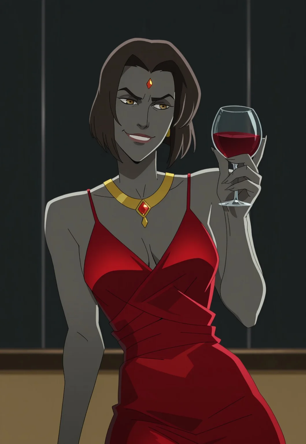 NDAA Style, 1girl, raven, grey skin, forehead jewel, cocktail dress, solo, holding wineglass, red wine, (smirk)