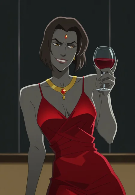 NDAA Style, 1girl, raven, grey skin, forehead jewel, cocktail dress, solo, holding wineglass, red wine, (smirk)